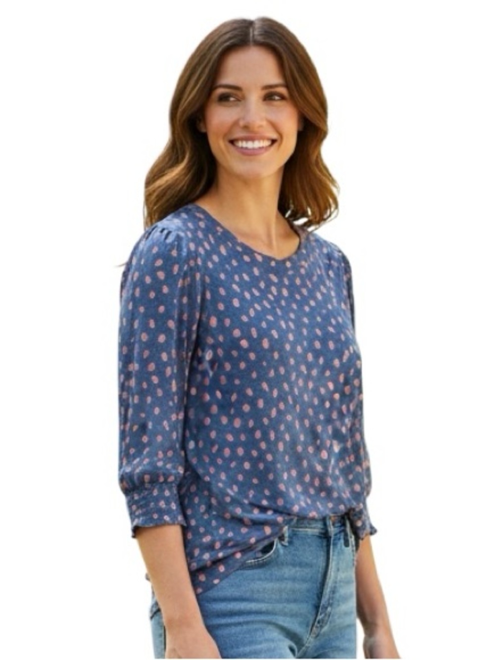Lucky Brand Blue Knit Top with Pink Spot Print Size Large